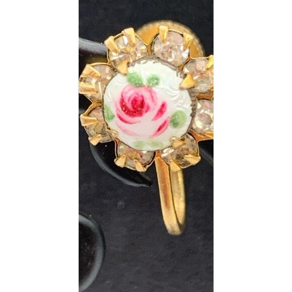 Vintage 50s Goldtone Guilloche Enamel Rose Rhinestone Floral Screw Back Earrings - Picture 3 of 6